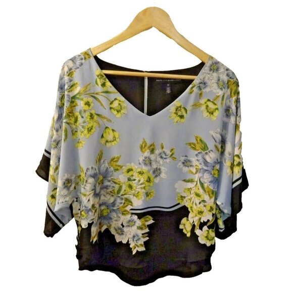 White House‎ Black Market XS Floral V-Neck Tunic Blouse | Blue & Black Print Top - Picture 2 of 6